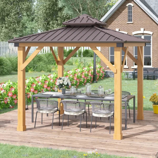 OutSunny 10'x10′ Hardtop Gazebo Canopy with 2-Tier Roof & Solid Wood Frame - Brown - Image 6