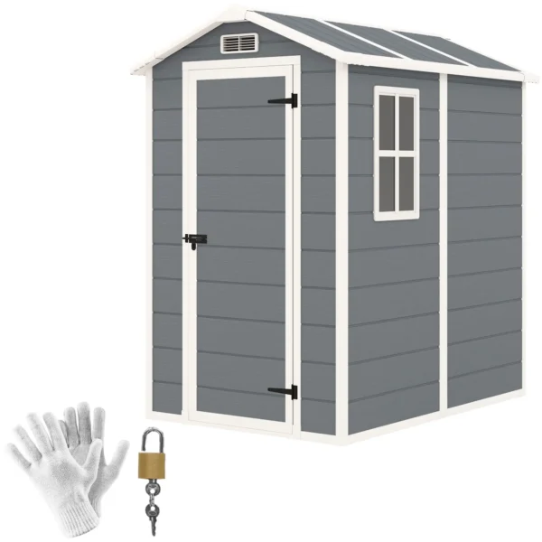 Outsunny 4'x6' Plastic Garden Storage Shed with Window - Grey - Image 8