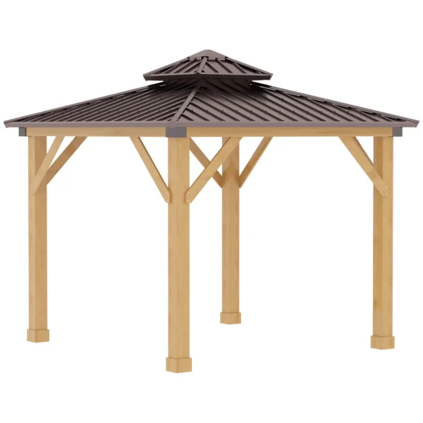 OutSunny 10'x10′ Hardtop Gazebo Canopy with 2-Tier Roof & Solid Wood Frame - Brown - Image 8