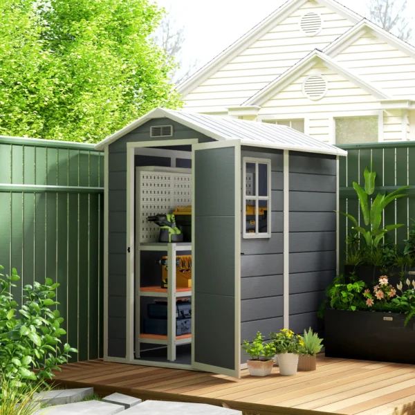 Outsunny 4'x6' Plastic Garden Storage Shed with Window - Grey - Image 10