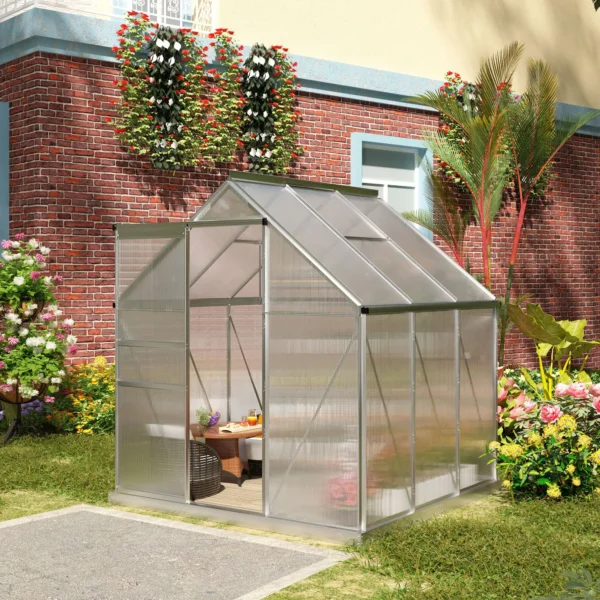 Outsunny 6ft x 6ft Polycarbonate Greenhouse - Silver - Image 12