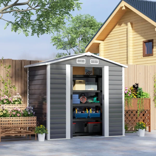 Outsunny 7ft x 4ft Metal Garden Shed with Foundation Grid - Dark Grey - Image 12