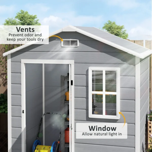 Outsunny 6'x4' Plastic Garden Storage Shed with Window - Grey - Image 10