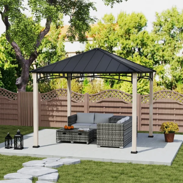 Outsunny 10x10 Hardtop Gazebo with Galvanised Metal Roof - Wood Grain Black - Image 4