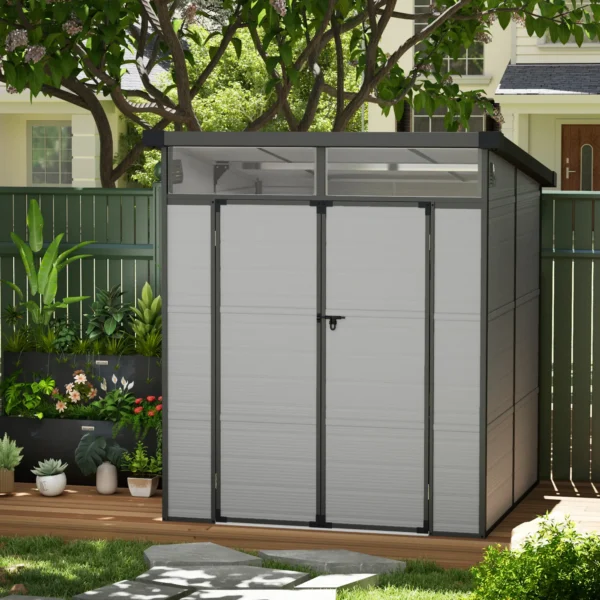 Outsunny 6x6 Plastic Pent Shed with Skylight - Light Grey - Image 3