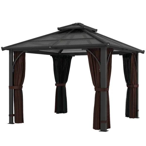 OutSunny 10'x10′ Hardtop Metal Gazebo Canopy with Double Polycarbonate Roof - Brown