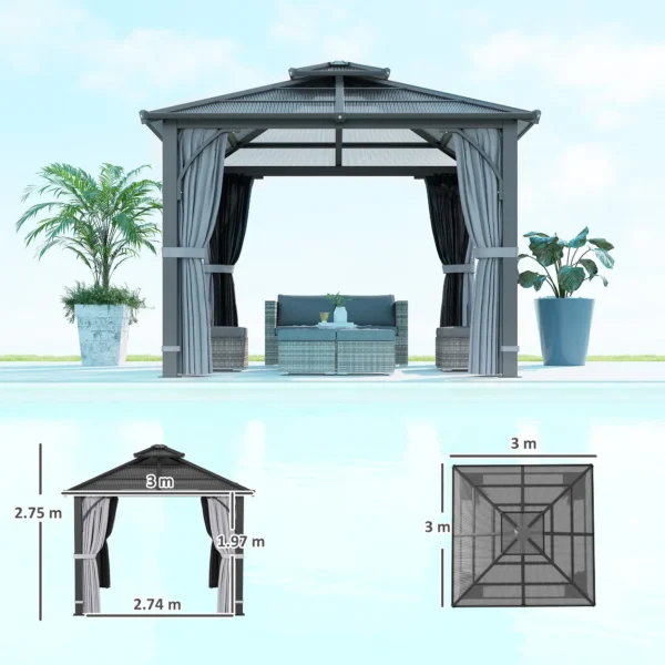 OutSunny 10'x10′ Hardtop Metal Gazebo Canopy with Double Polycarbonate Roof - Dark Grey - Image 6