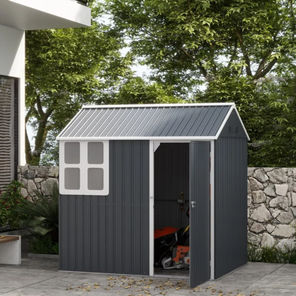 Outsunny 7ft x 6ft Metal Garden Shed with Window - Dark Grey - Image 8