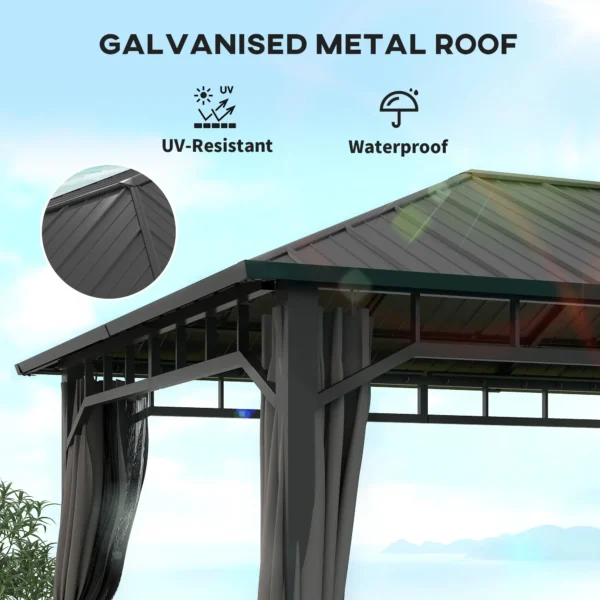 Outsunny 10x13 Hardtop Gazebo with Galvanised Steel Roof and Water Gutter - Dark Grey - Image 9