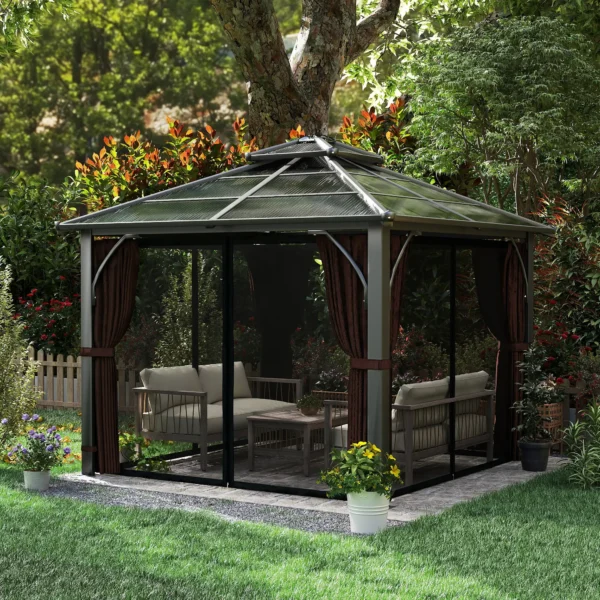 OutSunny 10'x10′ Hardtop Metal Gazebo Canopy with Double Polycarbonate Roof - Brown - Image 10