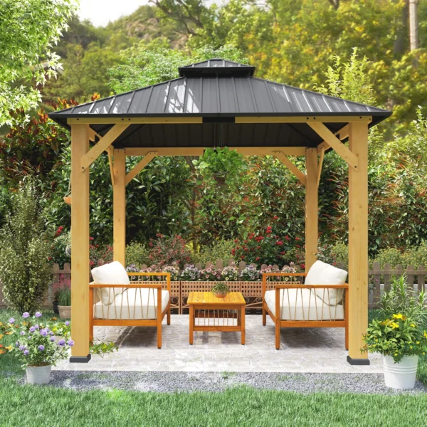 OutSunny 10’x10′ Hardtop Gazebo Canopy with 2-Tier Roof & Solid Wood Frame – Grey - Image 7