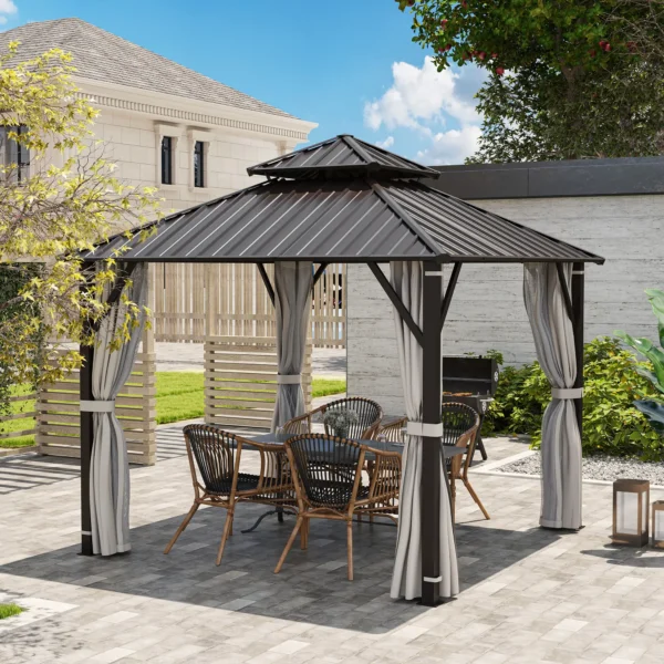 Outsunny 10x10 Hardtop Gazebo Canopy with Double Metal Roof- Beige - Image 3