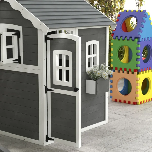 Outsunny Timber Playhouse with Front Door - Grey - Image 3