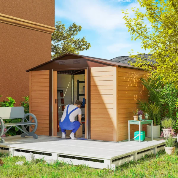 Outsunny 9ft x 6ft Metal Garden Shed- Wood Effect Brown - Image 2