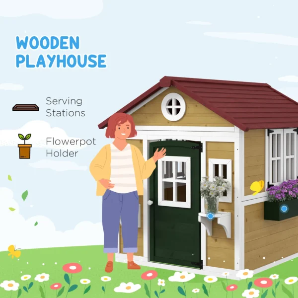Outsunny Timber Playhouse with Doors - Beige - Image 4