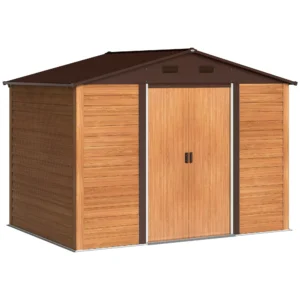 Outsunny 9ft x 6ft Metal Garden Shed- Wood Effect Brown