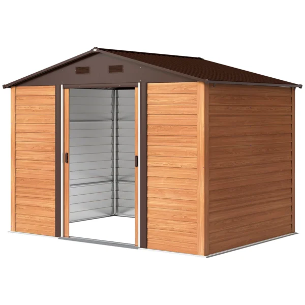 Outsunny 9ft x 6ft Metal Garden Shed- Wood Effect Brown - Image 9
