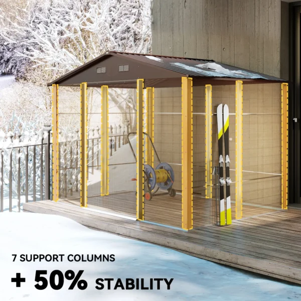 Outsunny 9ft x 6ft Metal Garden Shed- Wood Effect Brown - Image 10