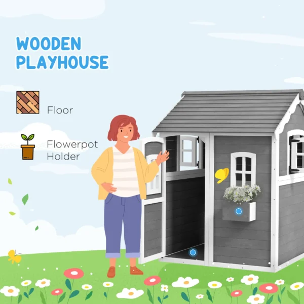 Outsunny Timber Playhouse with Front Door - Grey - Image 4