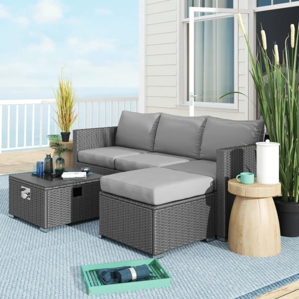 Outsunny 5 Piece Rattan Garden Furniture Set with Gas Fire Pit Table and Footstool - Grey - Image 3