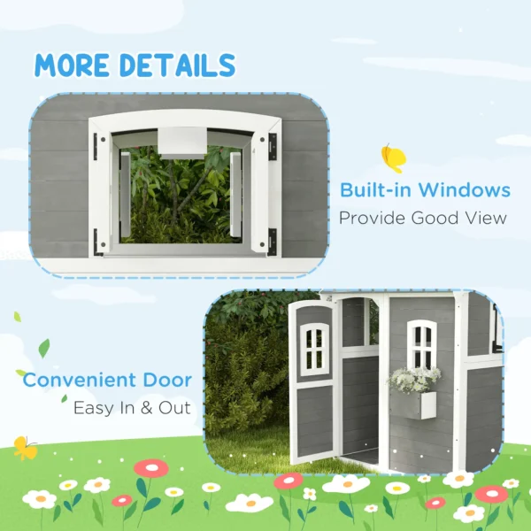 Outsunny Timber Playhouse with Front Door - Grey - Image 5