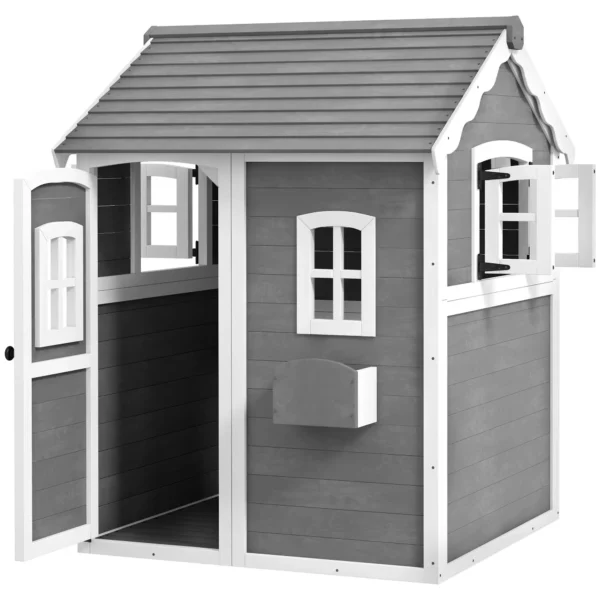 Outsunny Timber Playhouse with Front Door - Grey - Image 9