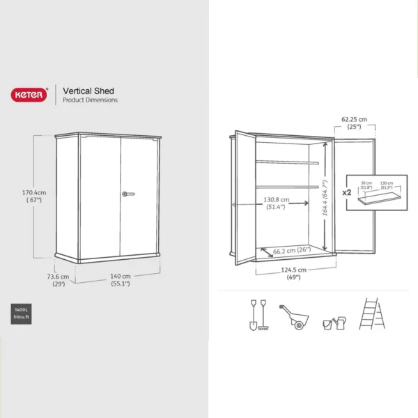 Keter 4.5' x 2' Alto Heavy Duty Vertical Plastic Garden Shed with Shelves - Storm Grey - Image 2