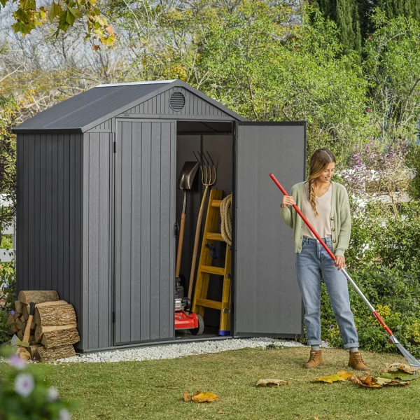 Keter 6'x4' Darwin Heavy Duty Plastic Garden Shed Double Door- Grey - Image 3