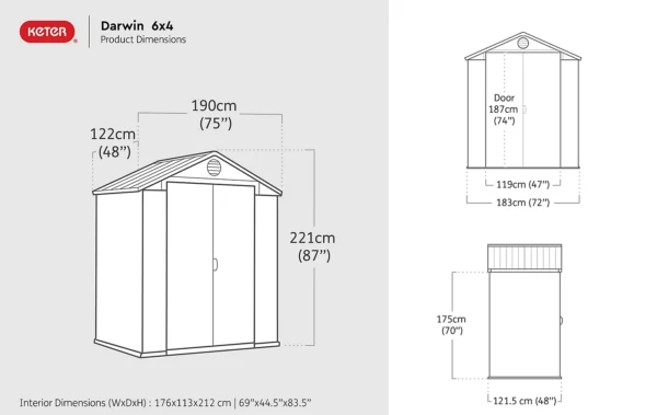 Keter 6'x4' Darwin Heavy Duty Plastic Garden Shed Double Door- Grey - Image 4