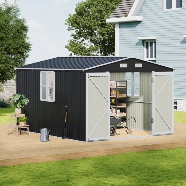 Living and Home 10x12 Double Hinged Metal Shed - Charcoal Black - Image 4