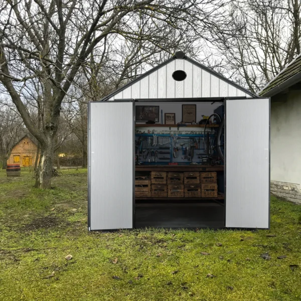 Living and Home 6x8 WoodField Woodgrain Plastic Apex Shed - Light Grey - Image 6