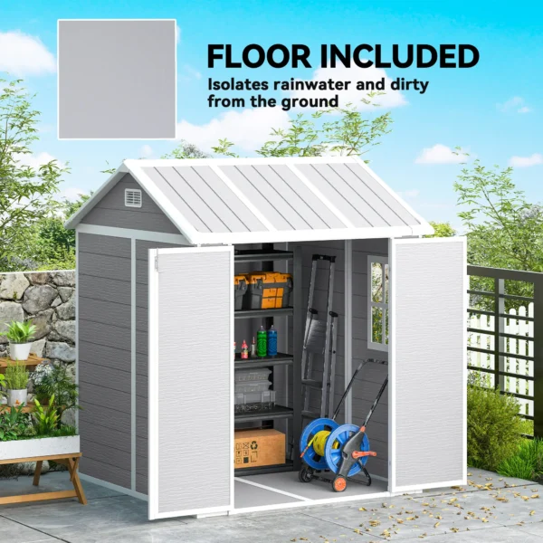 Outsunny 6x6 Plastic Storage Shed with Window and Floor - Grey - Image 5