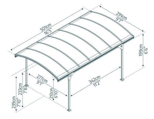 Palram Canopia 10' x 17' Vitoria Aluminium  Curved Carport  5000 - Grey - Image 5