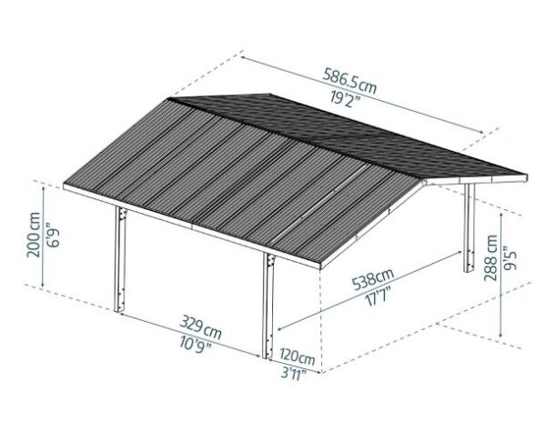 Palram Canopia Sydney Aluminium Double Apex 20' x 20' Carport  - Black - Image 3