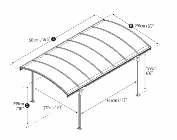 Palram Canopia 10' x 17' Vitoria Aluminium  Curved Carport  5000 - Grey - Image 3