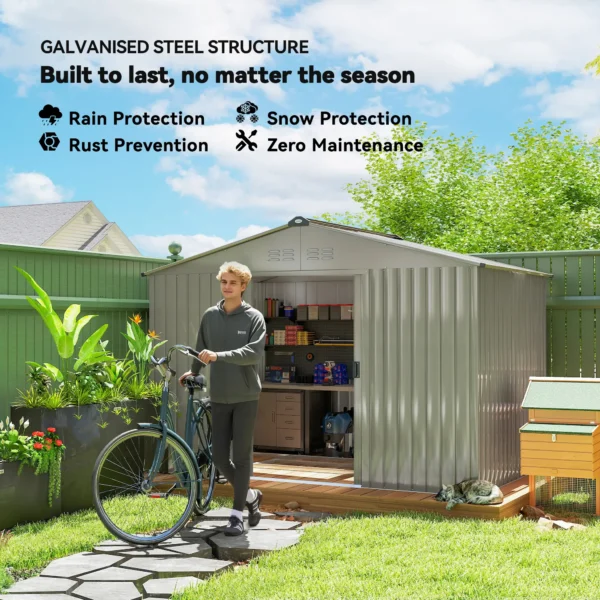 Outsunny 9ft x 6ft Metal Garden Shed Silver Grey with Foundation Grid and Skylight - Image 9