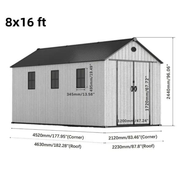 Living and Home 8x16 WoodField Woodgrain Plastic Apex Shed - Light Grey - Image 6