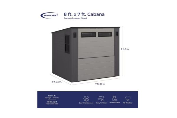 Suncast 8'x7' Cabana Plastic Entertainment Shed- Cool Grey with Installation - Image 12