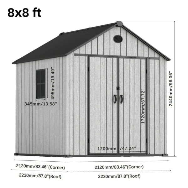 Living and Home 8x8 WoodField Woodgrain Plastic Apex Shed - Light Grey - Image 6