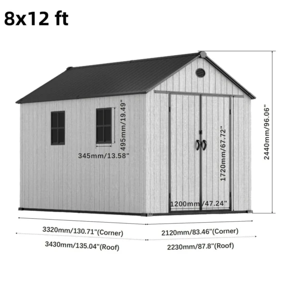 Living and Home 8x12 WoodField Woodgrain Plastic Apex Shed - Light Grey - Image 5