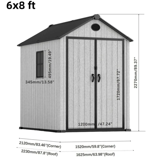 Living and Home 6x8 WoodField Woodgrain Plastic Apex Shed - Light Grey - Image 5