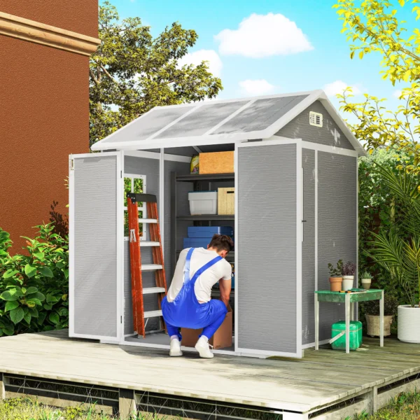 Outsunny 6x6 Plastic Storage Shed with Window and Floor - Grey - Image 3