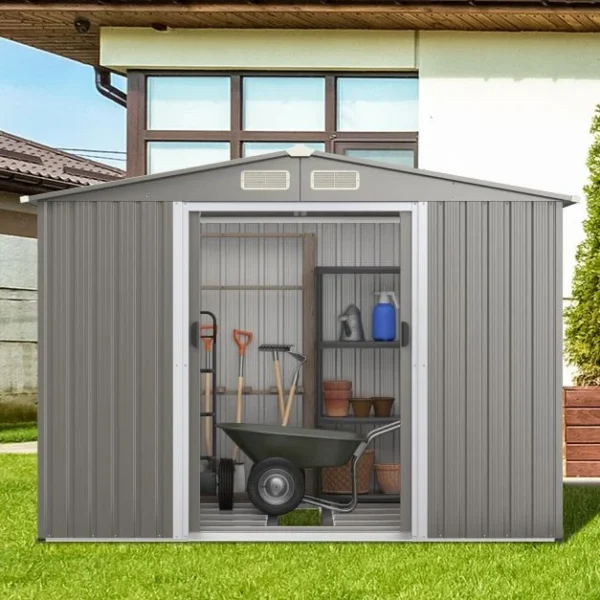Pro-Tect 8x6 Apex Metal Shed with Foundation Grid  - Light Grey - Image 2
