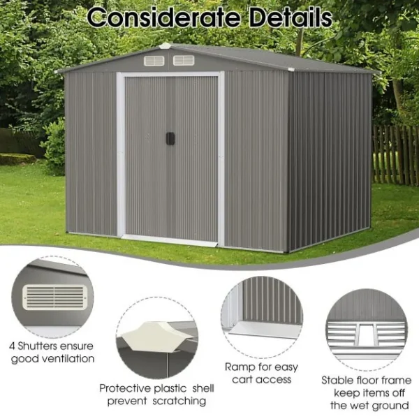 Pro-Tect 8x6 Apex Metal Shed with Foundation Grid  - Light Grey - Image 4