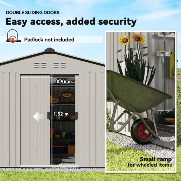 Outsunny 9ft x 6ft Metal Garden Shed Silver Grey with Foundation Grid and Skylight - Image 7