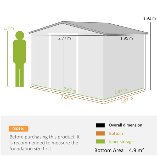 Outsunny 9ft x 6ft Metal Garden Shed Silver Grey with Foundation Grid and Skylight - Image 8