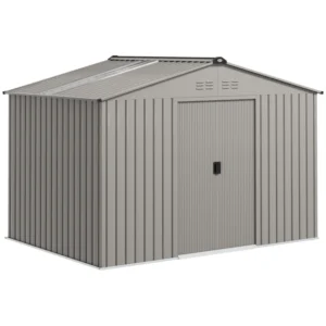 Outsunny 9ft x 6ft Metal Garden Shed Silver Grey with Foundation Grid and Skylight