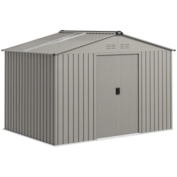 Outsunny 9ft x 6ft Metal Garden Shed Silver Grey with Foundation Grid and Skylight