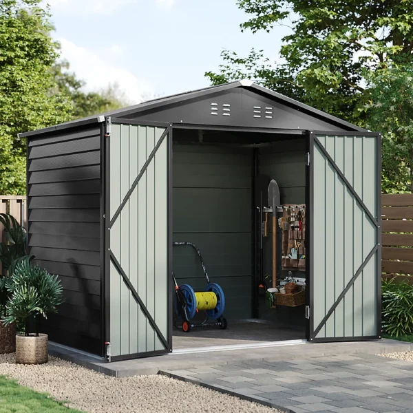 Living and Home 8x5.5 Double Hinged Metal Apex Shed with Windows - Anthracite Black - Image 2