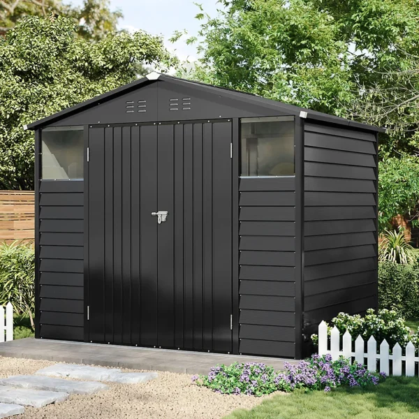 Living and Home 8x5.5 Double Hinged Metal Apex Shed with Windows - Anthracite Black - Image 3